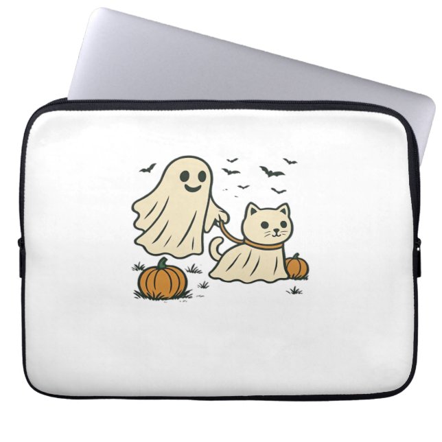 Schattigee Halloween Ghost Walking Ghost Cat Class Laptop Sleeve (Voorkant)