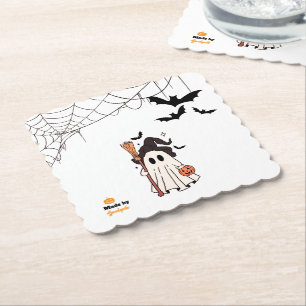 Schattigee Halloween Ghost Witch met Broom en Pomp Kartonnen Onderzetters