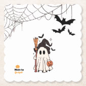 Schattigee Halloween Ghost Witch met Broom en Pomp Kartonnen Onderzetters (Voorkant)