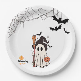 Schattigee Halloween Ghost Witch met Broom en Pomp Papieren Bordje