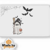 Schattigee Halloween Ghost Witch met Broom en Pomp Sticker (Voorkant)