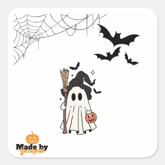 Schattigee Halloween Ghost Witch met Broom en Pomp Vierkante Sticker (Voorkant)