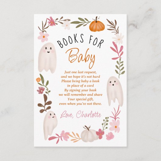 Schattigee Halloween Ghosts boeken voor baby showe Informatiekaartje (Voorkant)