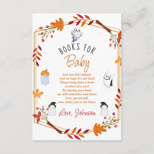 Schattigee Halloween Ghosts boeken voor baby showe Informatiekaartje (Voorkant)