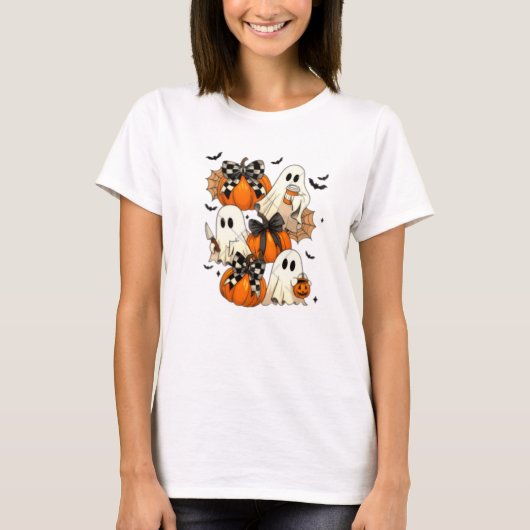 Schattigee Halloween Ghosts en Pumpkins T-shirt (Voorkant)