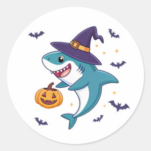 Schattigee Halloween haai met heks Pet en pompoen Ronde Sticker