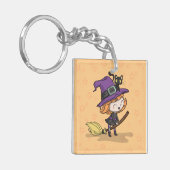 Schattigee Halloween heks en kat | Button Sleutelh Sleutelhanger (Voorkant Links)