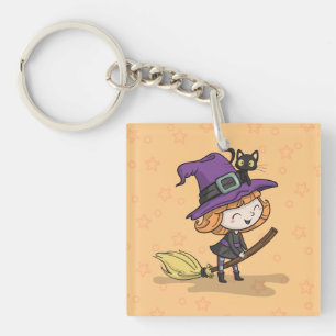 Schattigee Halloween heks en kat   Button Sleutelh Sleutelhanger