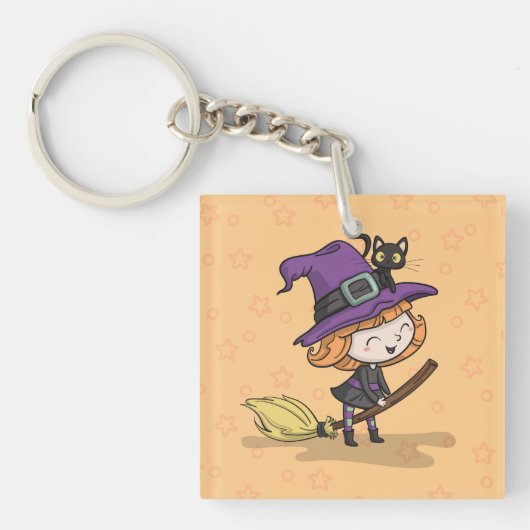 Schattigee Halloween heks en kat | Button Sleutelh Sleutelhanger (Voorkant)