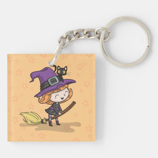 Schattigee Halloween heks en kat | Button Sleutelh Sleutelhanger (Achterkant)