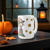 Schattigee Halloween heks en kitten met herfstblad Koffiemok