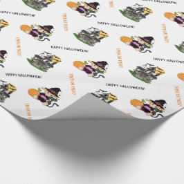 Schattigee Halloween heks en spookhuis Cadeaupapier