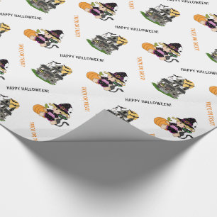 Schattigee Halloween heks en spookhuis Cadeaupapier