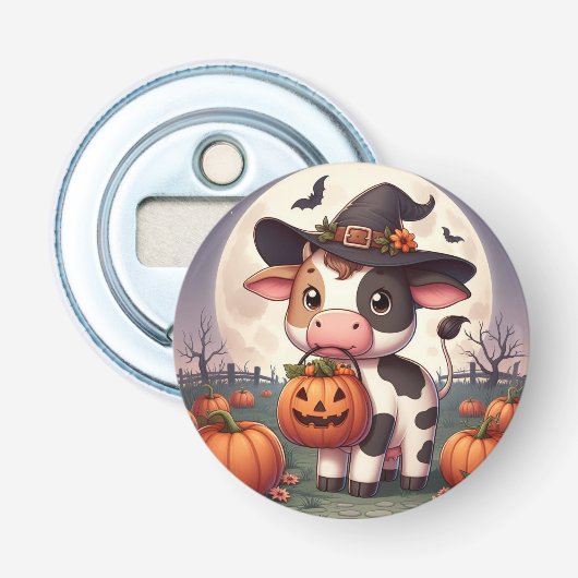 Schattigee Halloween heks koe Button Flesopener (Voorkant)