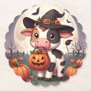 Schattigee Halloween heks koe Kartonnen Onderzetters