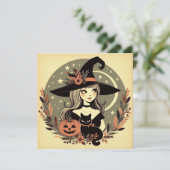 Schattigee Halloween Heks met Zwarte Kat en Pompoe Kaart (Staand voorkant)