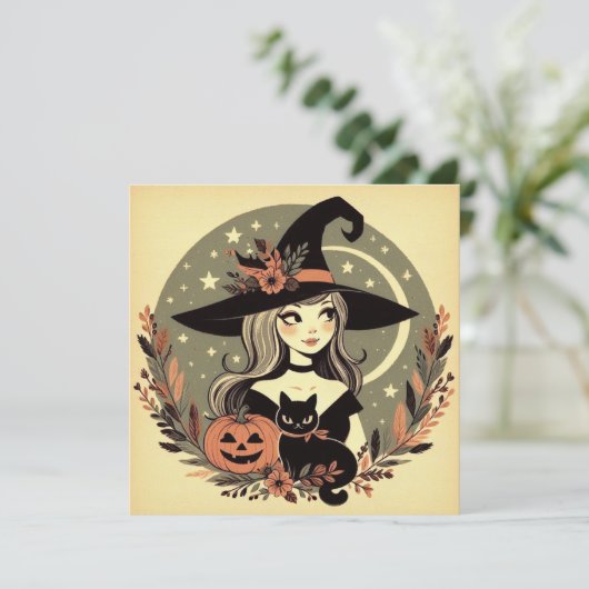 Schattigee Halloween Heks met Zwarte Kat en Pompoe Kaart (Staand voorkant)