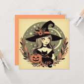 Schattigee Halloween Heks met Zwarte Kat en Pompoe Kaart (Voorkant / Achterkant in situ)