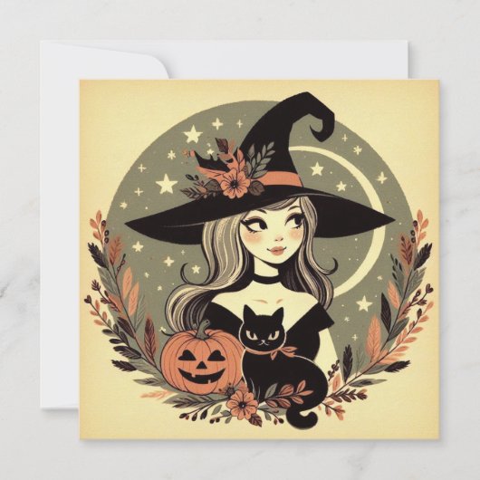 Schattigee Halloween Heks met Zwarte Kat en Pompoe Kaart (Voorkant)