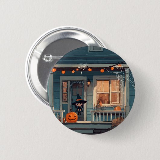 Schattigee Halloween Heks op Spooky Porch - Button (Voorkant /achterkant)