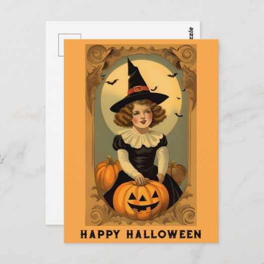 Schattigee  Halloween Heks Pet Meisje Pompoen Briefkaart (Voorkant / Achterkant)