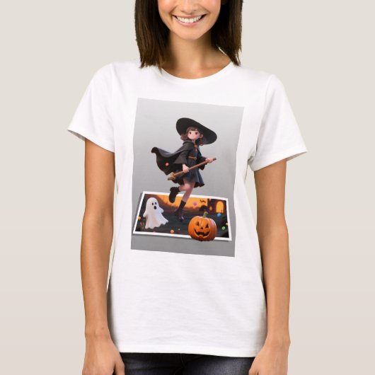 Schattigee Halloween heks Vliegen op Broomstick T-shirt (Voorkant)