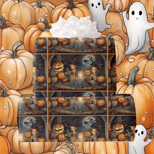 Schattigee Halloween Heksen & Pompoenen Verjaardag Cadeaupapier