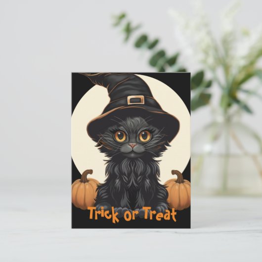 Schattigee Halloween Heksenkat met Pet en Pompoene Briefkaart (Staand voorkant)