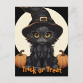 Schattigee Halloween Heksenkat met Pet en Pompoene Briefkaart (Voorkant)