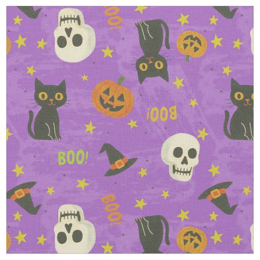 Schattigee Halloween Icons Pattern - Paarse Stof (Close Up)