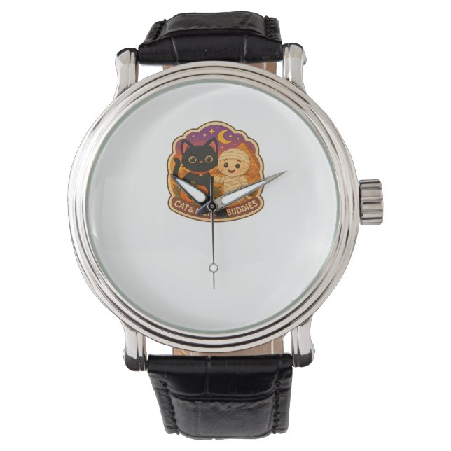 Schattigee Halloween kat en mummie borduurwerk Pat Horloge (Voorkant)