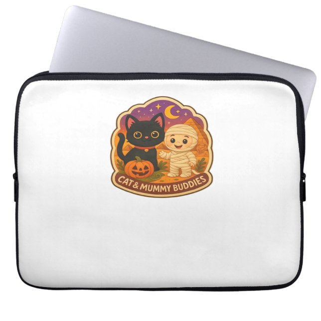 Schattigee Halloween kat en mummie borduurwerk Pat Laptop Sleeve (Voorkant)