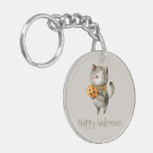 Schattigee Halloween kat met pompoen | Button Sleu Sleutelhanger (Voorkant Links)