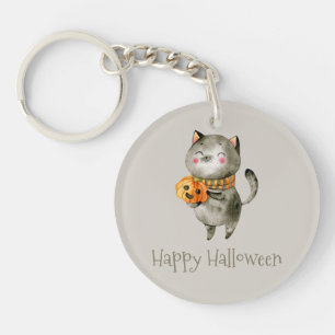 Schattigee Halloween kat met pompoen   Button Sleu Sleutelhanger