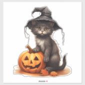 Schattigee Halloween Kat met Pompoen en Herfstblad Sticker (Vel)