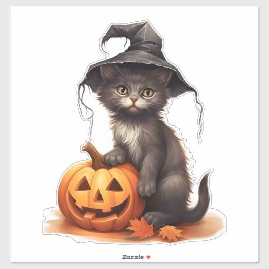 Schattigee Halloween Kat met Pompoen en Herfstblad Sticker (Vel)