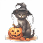 Schattigee Halloween Kat met Pompoen en Herfstblad Sticker (Voorkant)
