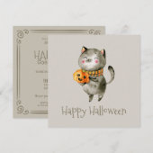 Schattigee Halloween kat met pompoen | feestuitnod Kaart (Voorkant / Achterkant)