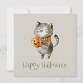 Schattigee Halloween kat met pompoen | feestuitnod Kaart (Voorkant)