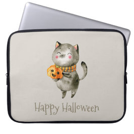 Schattigee Halloween kat met pompoen | Laptop Slee Laptop Sleeve