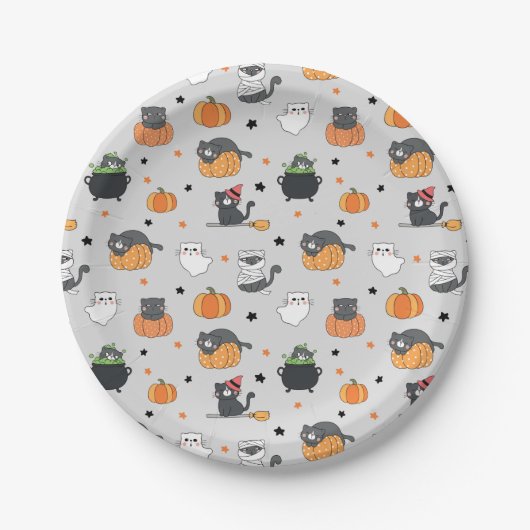 Schattigee Halloween katten en geesten Papieren Bordje (Voorkant)