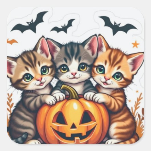 Schattigee Halloween Katten en Pompoen Fal Vinyl S Vierkante Sticker (Voorkant)