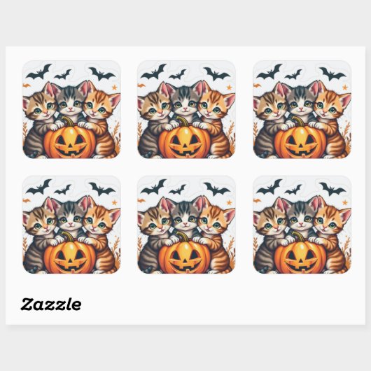Schattigee Halloween Katten en Pompoen Fal Vinyl S Vierkante Sticker (Vel)