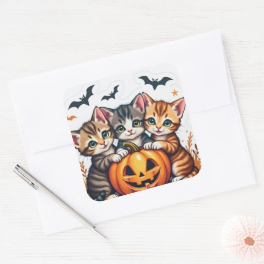 Schattigee Halloween Katten en Pompoen Fal Vinyl S Vierkante Sticker (Envelop)