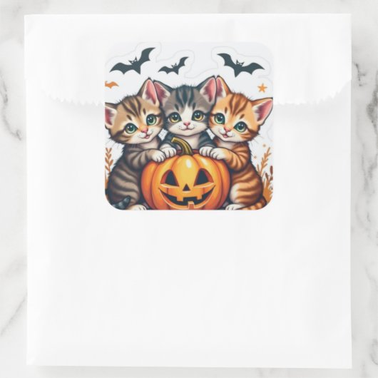 Schattigee Halloween Katten en Pompoen Fal Vinyl S Vierkante Sticker (Tas)