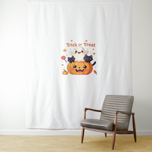 Schattigee Halloween - Kawaii Ghost en Black Cats  Wandkleed (In situ)