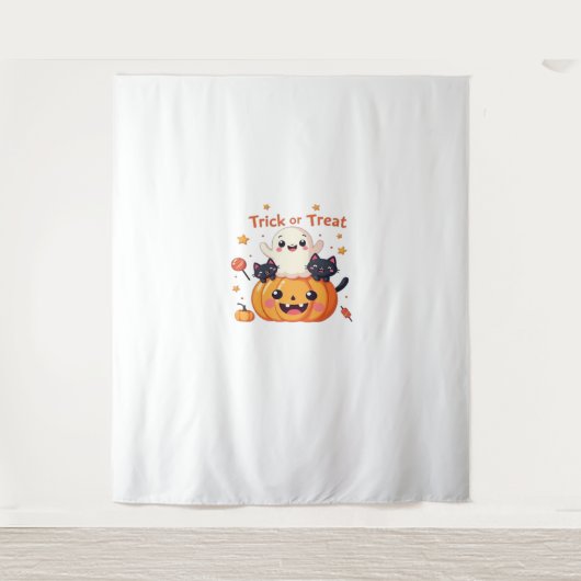 Schattigee Halloween - Kawaii Ghost en Black Cats  Wandkleed (Voorkant)