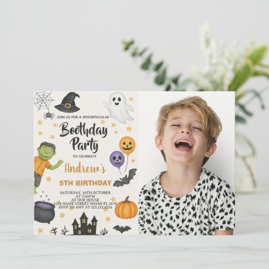 Schattigee Halloween Kinder Uitnodiging met foto (Staand voorkant)