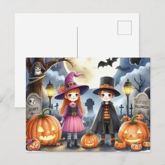 Schattigee Halloween Kinder Waterverf Briefkaart (Voorkant / Achterkant)