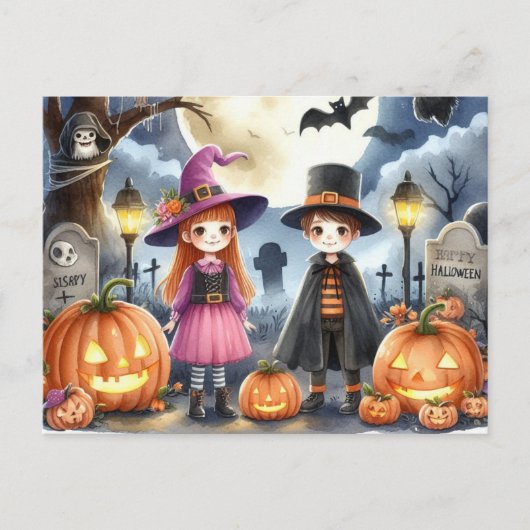 Schattigee Halloween Kinder Waterverf Briefkaart (Voorkant)